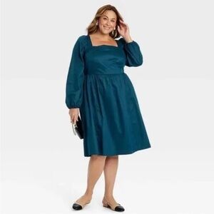 NWT Ava & Viv BALLOON LONG SLEEVE WOVEN MIDI A LINE TEAL DRESS Pockets Plus 1X